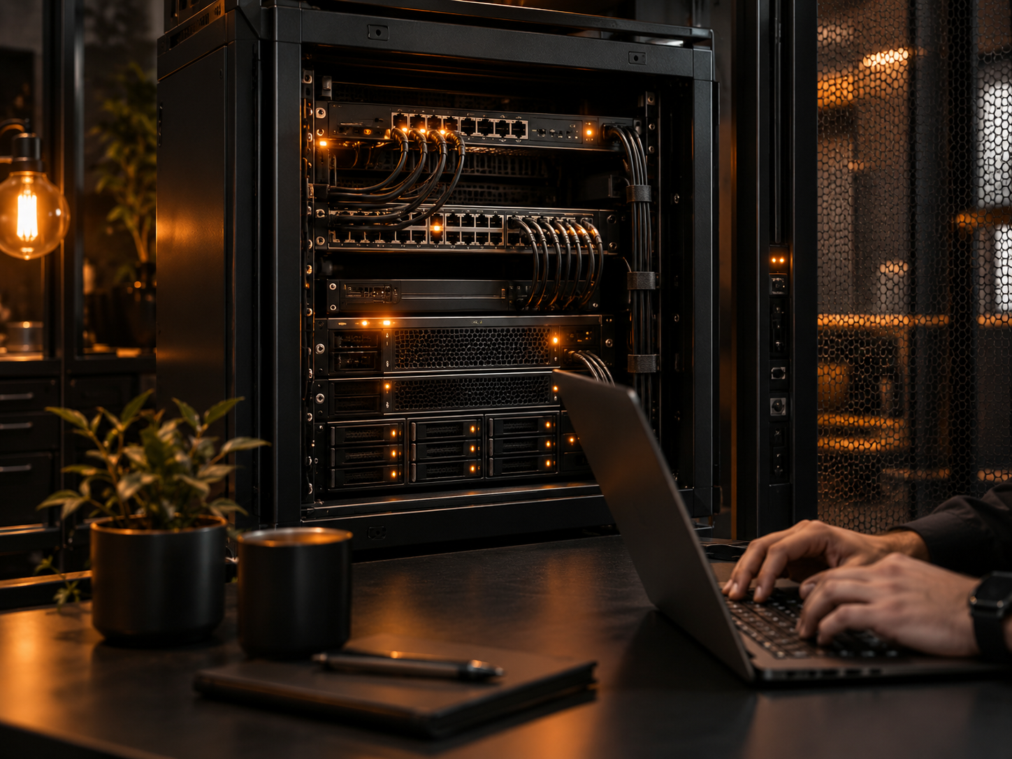 Specialist configuring a secure business network and server rack