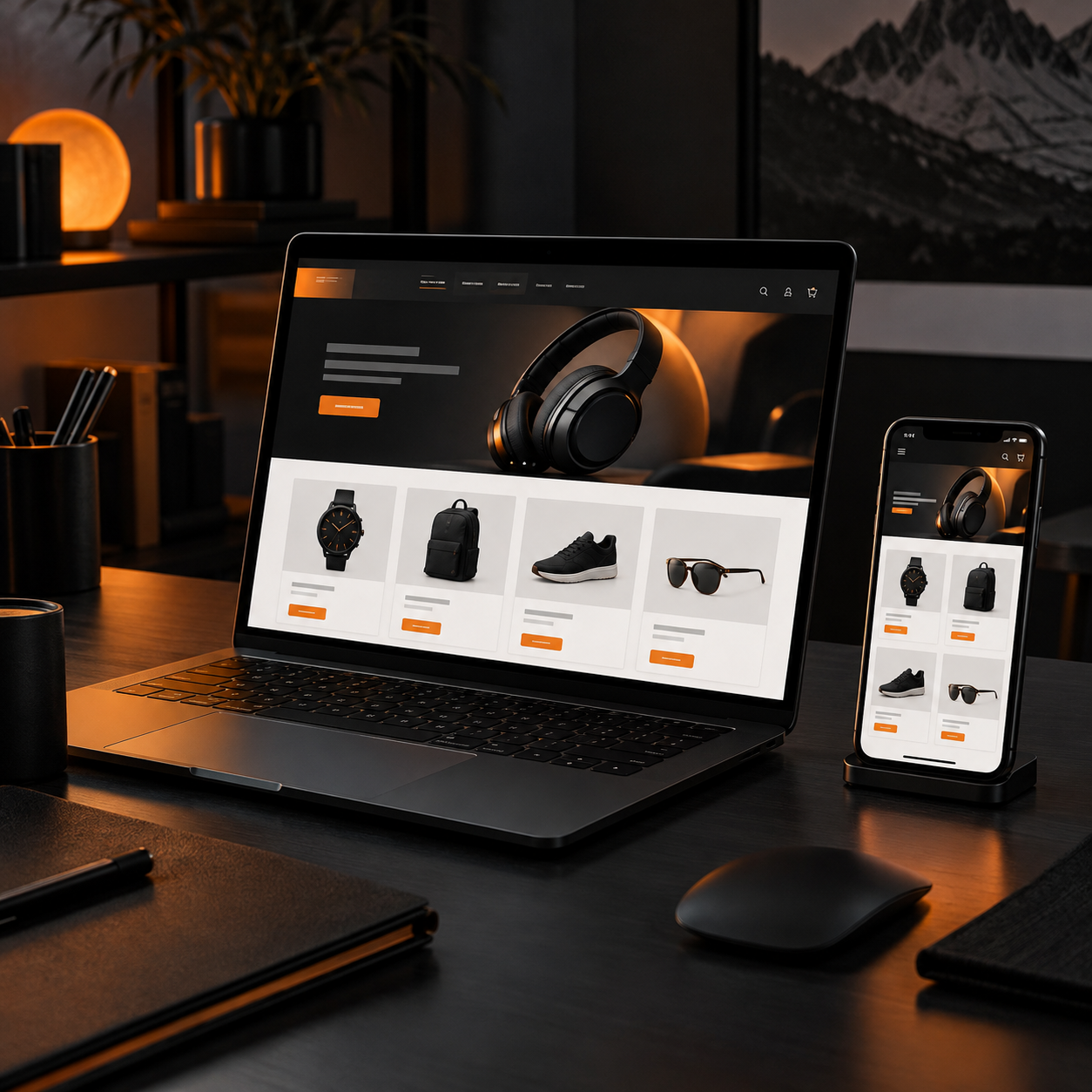 Laptop and smartphone showing a responsive online store